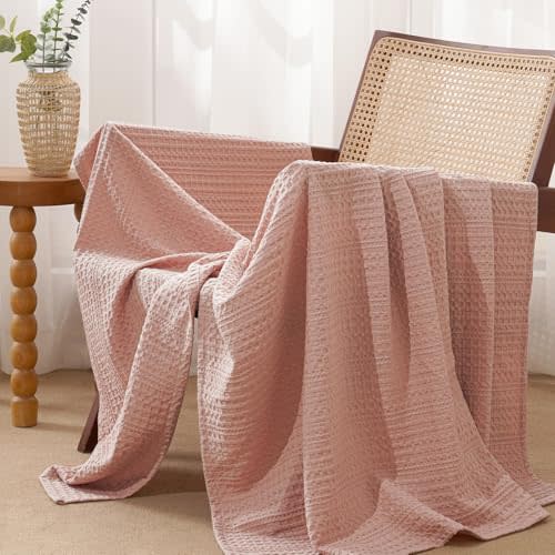 PHF Lightweight Waffle Weave Throw Blanket 50"x 60", Soft Woven Summer Blanket for Hot Sleepers - Aesthetic Home Decor for Couch Bed Sofa, Pet Friendly, Rose Pink
