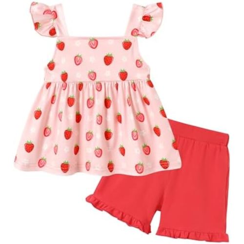 YUEMION Toddler Girl Clothes, 2Pcs Baby Girl Summer Outfits Ruffle Sleeveless Shirts Floral Tops + Shorts Clothing Set 1-5T