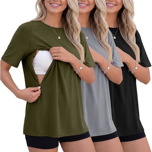 3 Pack Women's Oversized Nursing Tops for Breastfeeding with Hidden Zippers Loose Fit Short Sleeve Maternity Tops