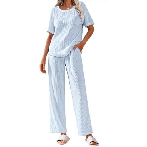 Ekouaer 2 Piece Summer Waffle Knit Lounge Sets For Women Short Sleeve Top and Long Pant Pajama Set Loungewear Pjs Set
