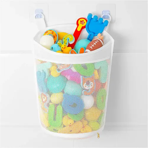Large Capacity Baby Mesh Bath Toy Organizer, Multiple Ways to Hang, Extra Large Opening Bathroom Toy Storage, Bottom Zipper Bathtub Toy Storage Bag, Baby Shower Games bath Tub Accessory (White)