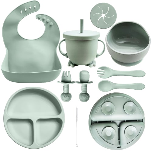 HippoBaby Baby Led Weaning Supplies | 10 Piece Silicone Feeding Set | Baby Toddler Bib Cup Divided Plate and Bowl Self Feeding Spoons Dish Set | Baby Utensils | Toddler Feeding Supplies (Green)