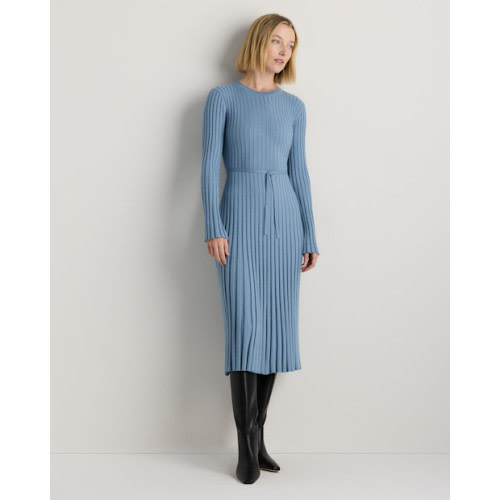 Cotton Cashmere Ribbed Long Sleeve Crew Midi Dress
