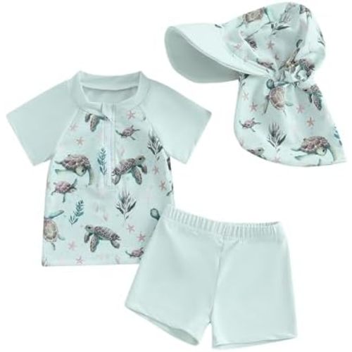 Baby Boy Swimsuit Set Toddler Rash Guard Swimwear Short Sleeve Swim Shirt Trunks with Sunhat 3Pcs Beachwear