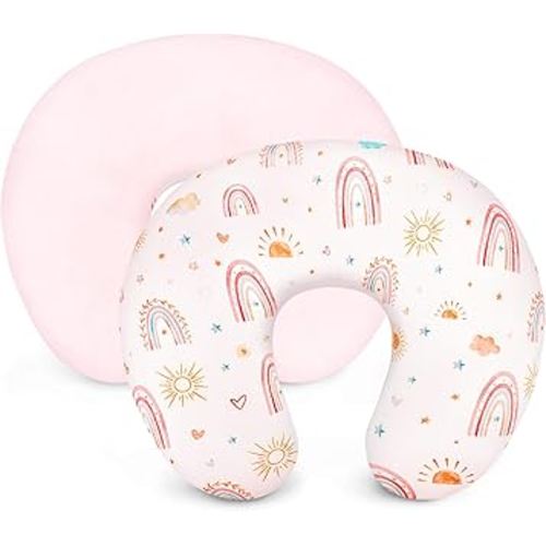 Nursing Pillow Cover, Minky Removable Nursing Pillow Cover for Breastfeeding Pillows, Super Soft Comfortable Slipcover for Boy and Girls, Sunshine & Rainbow (Pink)