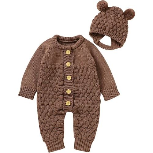 Newborn Baby Boy Girl Winter Clothes Knitted Sweater Romper Crewneck Solid Color Jumpsuit Hat Infant Fall Outfit