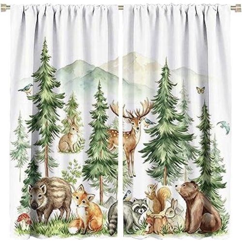 Woodland Curtains Nursery Wildlife Theme, Rustic Watercolor Forest Animal Hedgehog, Rabbit, Fox, and Deer Print, Blackout Window Drapes for Baby Girls Boys Bedroom Living Room, 2 Panels W42xL45 Inch