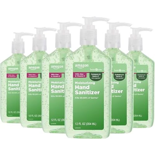 Amazon Basic Care Hand Sanitizer with Aloe Vera, 62% Ethyl Alcohol, Vitamin E Enriched, 12 fl oz, Pack of 6