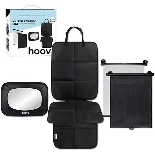 Hoovy My First Car Ride™ 3-in-1 Baby Car Essentials Bundle, Roller Sun Shades, Rear-Facing Mirror, and Seat Protector