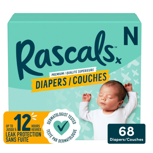 Rascals Premium Absorbent Newborn Diapers, Size N, Carton, 68 Count - Walmart.ca