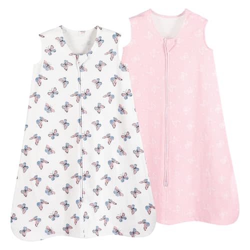 david's kids 100% Cotton Baby Sleep Sack 6-12 Months, Soft Baby Wearable Blankets with 2-Way Zipper, 2 Pack Comfy Sleeping Bags for Infant Newborn Boys Girls Neutral, Medium Size, Butterfly