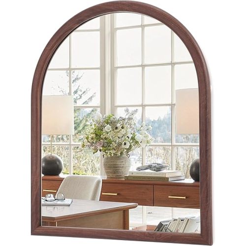 Arch Wall Mirror Wood Grain Rustic Framed Vanity Mirrors Tempered Float Glass Bathroom Decorative Rectangle Mirror Farmhouse Entryway (Walnut, 20" L x 16" W)