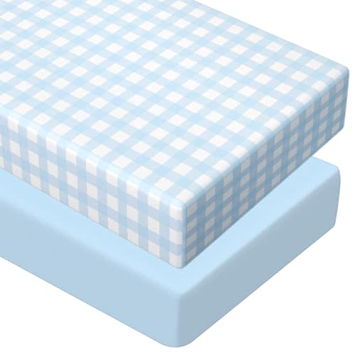 Peryiter 2 Pack Crib Sheets for Girls Boys Coquette Bed Sheet Set Fitted 52'' x 28" for Standard Crib Mattress Stretchable Soft Toddler Aesthetic Nursery Decor(Plaid Checkered,Blue)