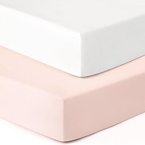 GRSSDER Jersey Crib Sheets for Girls, Stretchy Ultra Soft Crib Fitted Sheets Set 2 Pack, Universal Fit All Standard Crib Mattress Pads Safe and Snug, White/Pink