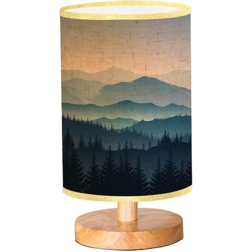 Bedside Desk Lamps, Minimalist Blue Misty Landscape Silhouettes Mountains Trees Nightstand Lamps, Small Table Lamp for Nursery Girls Kids Bedroom Classroom Living Room Dorm Decor