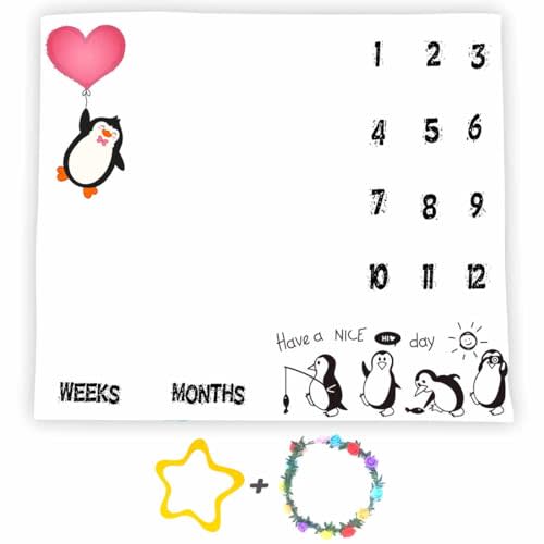 Penguin Baby Monthly Milestone Blanket, 48x40in Soft Flannel, Red Love Heart, Newborn Mom Gifts, Baby Shower Age Growth Tracker with Bonus Maker BTYYSS31