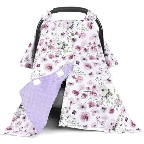 Baby Car Seat Cover, Soft Minky Warm Winter Car Seat Canopy for Infants & Toddlers, Opening with Adjustable Strap, Breathable Nursing Cover & Stroller Blanket, Purple Flowers (Fits Most Car Seats)