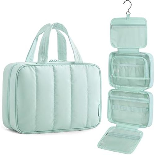 BAGSMART Travel Toiletry Bag for women, Portable Hanging Hook Makeup Bag Organizer, Waterproof Makeup Cosmetic Bag, for Full-Size Accessories, Toiletries,Baby Blue