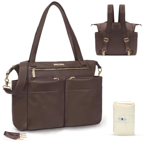 miss fong Leather Diaper Bag Tote Diaper Backpack Convertible Tote Backpack | 11 Pockets,4 Insulated Pockets Leather Diaper Tote with Diaper Changing Pad,Stroller Straps Convertible Baby Bag for Moms