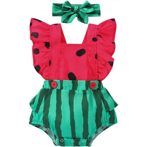 Mubineo Baby Girl Summer Fruit Rompers Clothes Newborn Outfits Flower Ruffle Sleeveless Romper Overalls - Green Red Watermelon - 18-24 Months