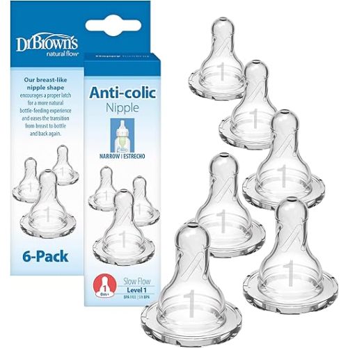 Dr. Brown's Natural Flow Level 1 Narrow Baby Bottle Silicone Nipple, Slow Flow, 0m+, 100% Silicone Bottle Nipple, 6 Count (Pack of 1)