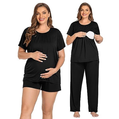 SWOMOG Women 3Pcs Maternity Pajama Set Nursing Pjs Pregnancy Set Breastfeeding Pjs Double Layer with Pockets