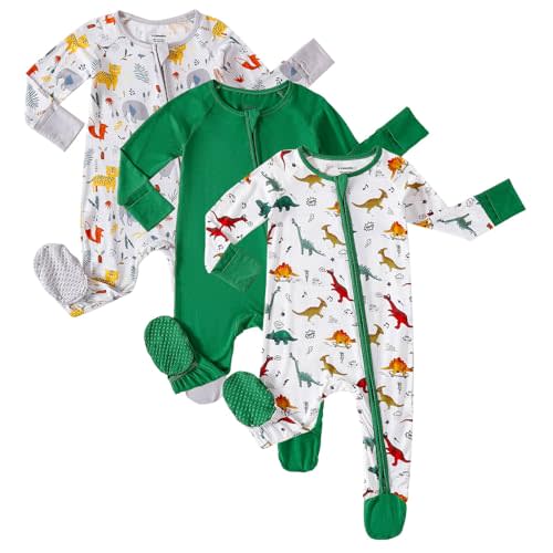 OPAWO Bamboo Baby Pajamas 3 Pack, 2 Way Zipper Newborn Footie Pajamas with Mitten Cuffs, Bamboo Sleepers for Baby Girl Onesie