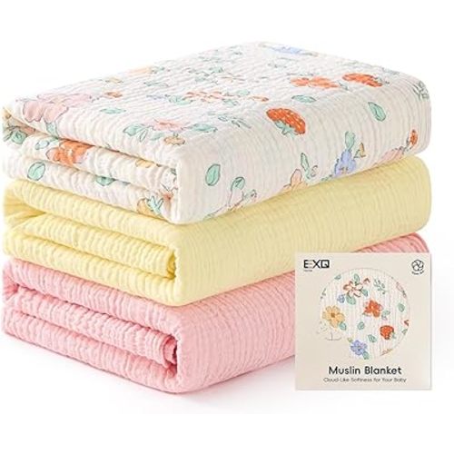 EXQ Home Muslin Swaddle Blankets for Baby, 3 Pack Cotton Breathable Soft Receiving Blankets for Newborn Boys and Girls, Baby Essentials & Gift, 38x40 inches(Little Strawberry)