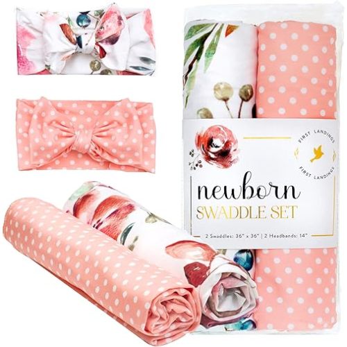 First Landings Newborn Swaddle Set - Baby Swaddles and Matching Headbands for Boys and Girls - Baby Blanket for Newborn Photography, Nursing Covers, Burp Cloths - Rose, 36" x 36" (Set of 2 Each)