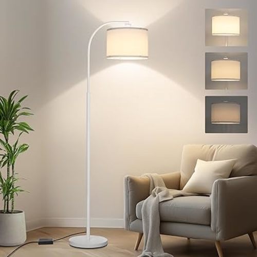 Floor Lamps for Living Room, White Arc Floor Lamp with Stepless Dimmer, Modern Standing Lamp with Adjustable Drum Shade, Tall Pole Lamp for Bedroom Study Room Office, 9W 3000K LED Bulb Included