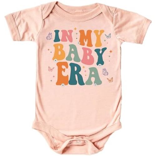 Olive Loves Apple In My Baby Era Birth Announcement Bodysuit Retro Wavy Baby Era and Butterflies