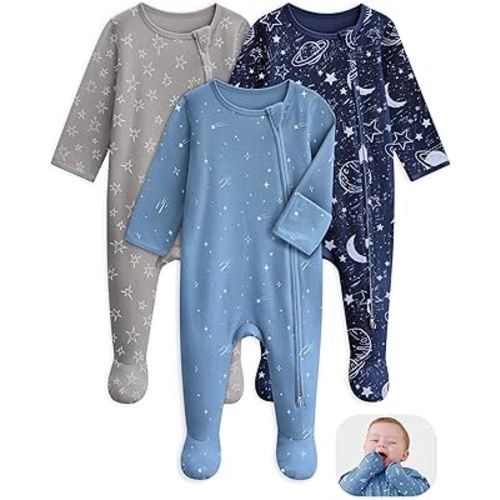 Unnivoll Baby Pajamas 100% Cotton Baby Sleepers for Newborn 0-3 3-6 6-9 Months 3Pcs Footie Pajamas Baby Boys Girls Clothes