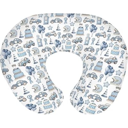 Watercolor Blue Racing Baby Nursing Pillow Covers for Boy Blue Racecar Balloon Stars Cake Nursing Pillowcase for Breastfeeding Pillows Vintage Racing Car Soft Stretchy Slipcovers for Newborn Infant