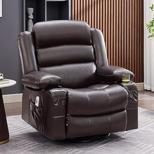 Rocker Recliner Chair with Heat and Massage, 360° Swivel Nursery Rocking Chairs for Adults, Oversized Recliner Single Sofa Seat with Cup Holders, Lazy Boy Recliner Single Sofa (Manual, Darkbrown)