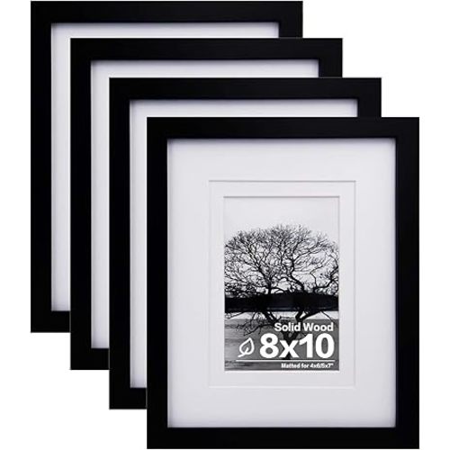 Egofine 8x10 Picture Frames Set of 4, Made of Solid Wood Covered by Plexiglass 4x6 and 5x7 with Mat or 8x10 without Mat, for Table Top Display and Wall Mounting Photo Frame Black