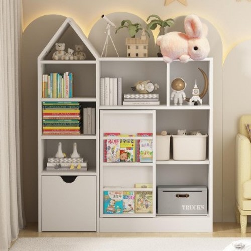 44" Kids Bookshelf Storage,Toy Organizer with Movable Drawers,Floor Storage Chest, Kids Reading Nook for Playroom Classroom