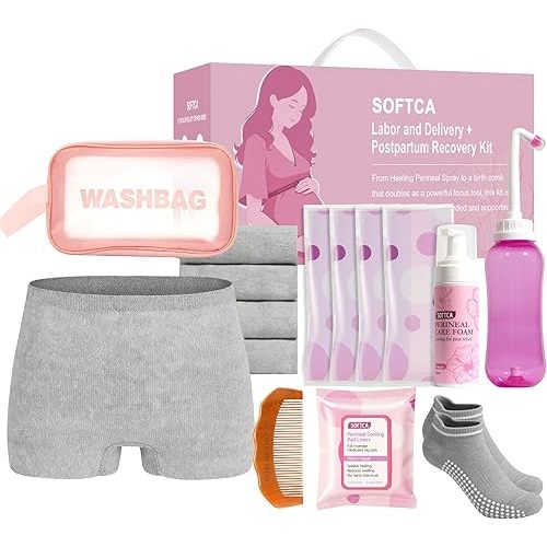 Postpartum Recovery Essentials Kit - Birth Comb,Peri Bottle,Disposable Postpartum Underwear,Perineal Healing Foam,Instant Ice Pads,Cooling Pad Liners,Socks,Canvas Bag,Postpartum Kit Gift Set