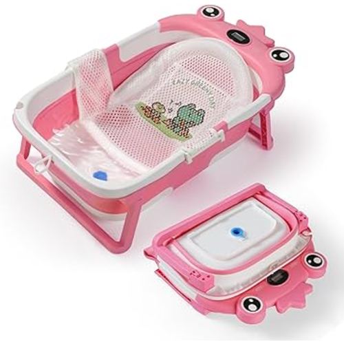 Baby Bathtub,Collapsible Baby Bath Tub with Soft Cushion & Thermometer, Space Saving Foldable & Travel Newborn Bathtub for Infant to Toddler 0-36 Months, Frog Pink