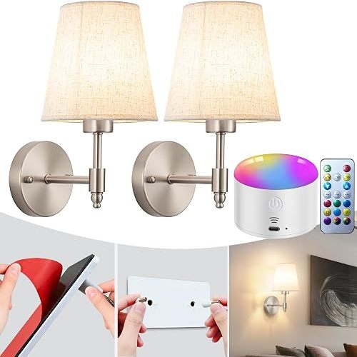 YHCDLAMP Peel and Stick Wall Sconces, No Drilling Stick On Wall Sconce, Wireless Battery Operated Wall Lights, Adhesive Wall Lamp with 10000mAh Battery Bulb for Bedroom Living Room Decor
