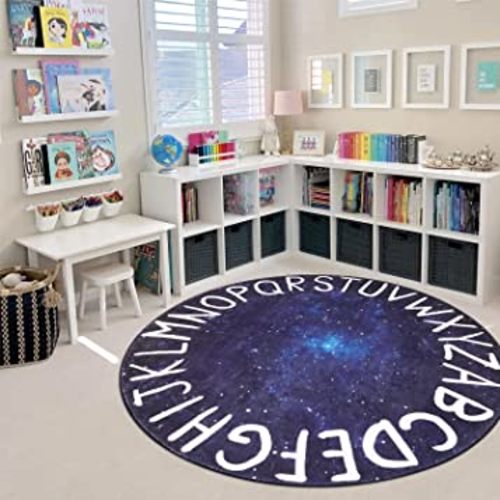 LIVEBOX Space Round Kids Rug for Boy and Girl,Circle Alphabet Washable Rug Crawling Nursery Rug for Playroom,Galaxy Non-Slip Play Mat Learning Carpet for Children Room (59",Star Blue)