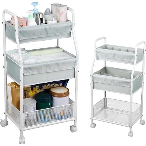 Rolling Utility Cart with Wheels, 3-Tier Diaper Cart, Rolling Nursery Cart & Baby Caddy Organizer for Nursery Essentials, Bedside/Postpartum Cart, Craft & Art Storage, Rolling Book Cart