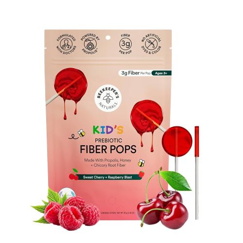 18mth+ Kids Prebiotic Fiber Lollipops by Beekeeper's Naturals - Doctor Formulated Fiber Supplement, Supports Digestive Regularity, 3g of Fiber & Honey, Raspberry Blast & Sweet Cherry Variety Pack, 15 ct
