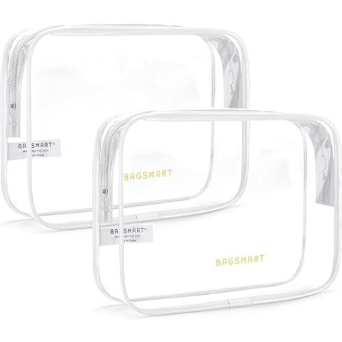 BAGSMART Clear Toiletry Bag, 2 Pack TSA Approved Travel Toiletry Bag Carry on Travel Accessories Bag Airport Airline Quart Size Bags Water Repellent Makeup Cosmetic Bag for Women (White-2pcs)