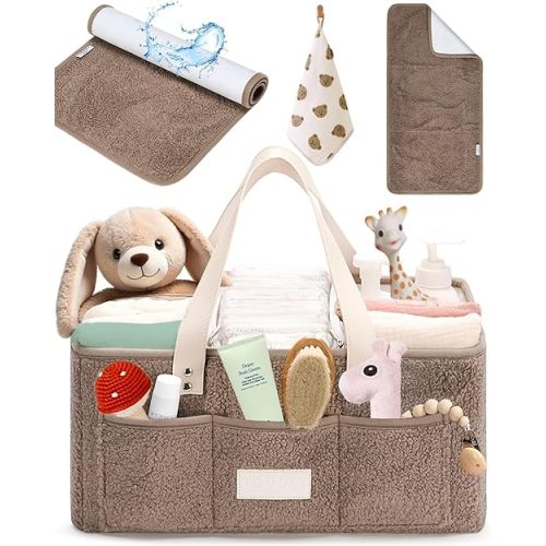 Baby Diaper Caddy Organizer with Portable Changing Mat & Burp Cloth - Teddy Fleece Diaper Organizer for Changing Table - Baby Basket for Diaper Changing Essentials - Baby Caddy Organizer with Dividers