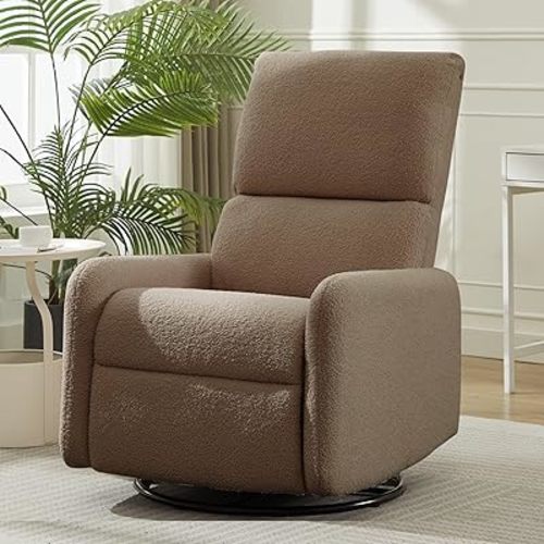 Korser 360° Swivel Glider Chair, Rocking Chair Nursery with Side Pockets, Deep Cushioned Seat, Nursery Chair with Steel Structure Base, Sherpa Swivel Chairs for Living Room, Lightbrown