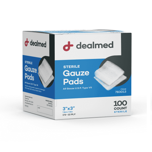 Dealmed 3’’ x 3’’ Sterile Gauze Pads, 12-Ply Individually Wrapped Medical Pads for Wound Care, First Aid Kits, Medical Facilities 100/Box (Pack of 1)