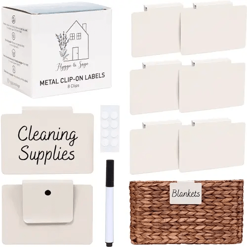 Hygge & Sage: Metal Bin Labels for Home Organization | Non-Slip Basket Labels Clip On for Storage Bins, Baskets, or Wire Racks | Includes 8 Labels, 8 Non-Slip Pads, and 1 Free Marker (Cream)