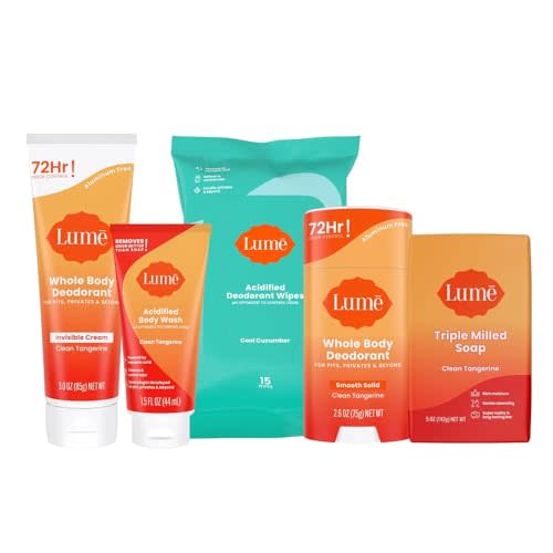Lume Skin Care Gift Set for Women, Whole Body Deodorant Starter Pack -Smooth Solid Stick, Invisible Cream Tube, Acidified Body Wash Mini & Deodorant Wipes -Aluminum Free Odor Control (Clean Tangerine)