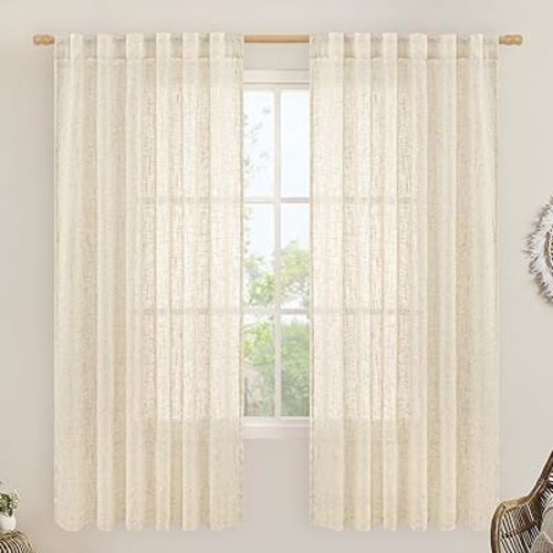 LAMIT Beige Linen Curtains 72 Inches Long 2 Panels for Living Room Faux Linen Textured Light Filtering Drapes Back Tab and Rod Pocket Boho Neutral Panels for Bedroom/Dining Room, 52 x 72 Inch