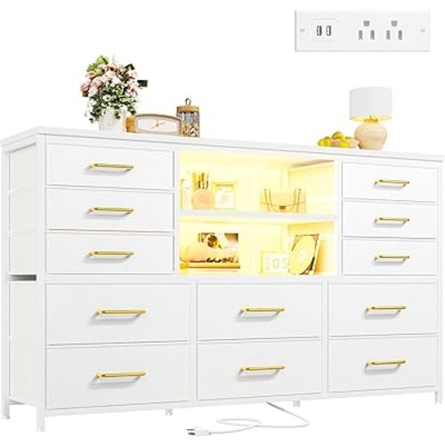 EnHomee 12 Drawers Dresser for Bedroom with LED Lights & Charging Station, TV Stands for 55/60'' TV, Fabric Dressers & Chests of Drawers with 3 Wooden Shelves for Hallway,Sturdy,White